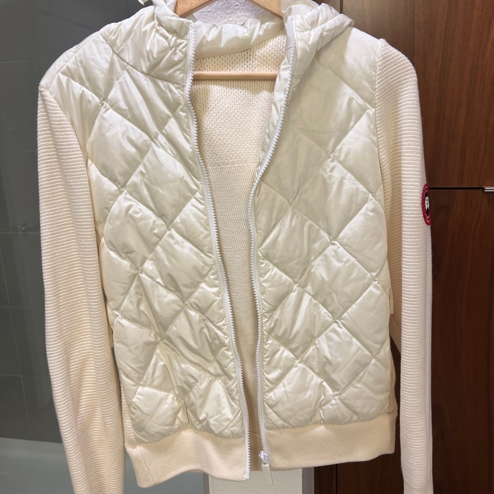 Ivory Quilted Hooded Puffer with Knit Sleeves